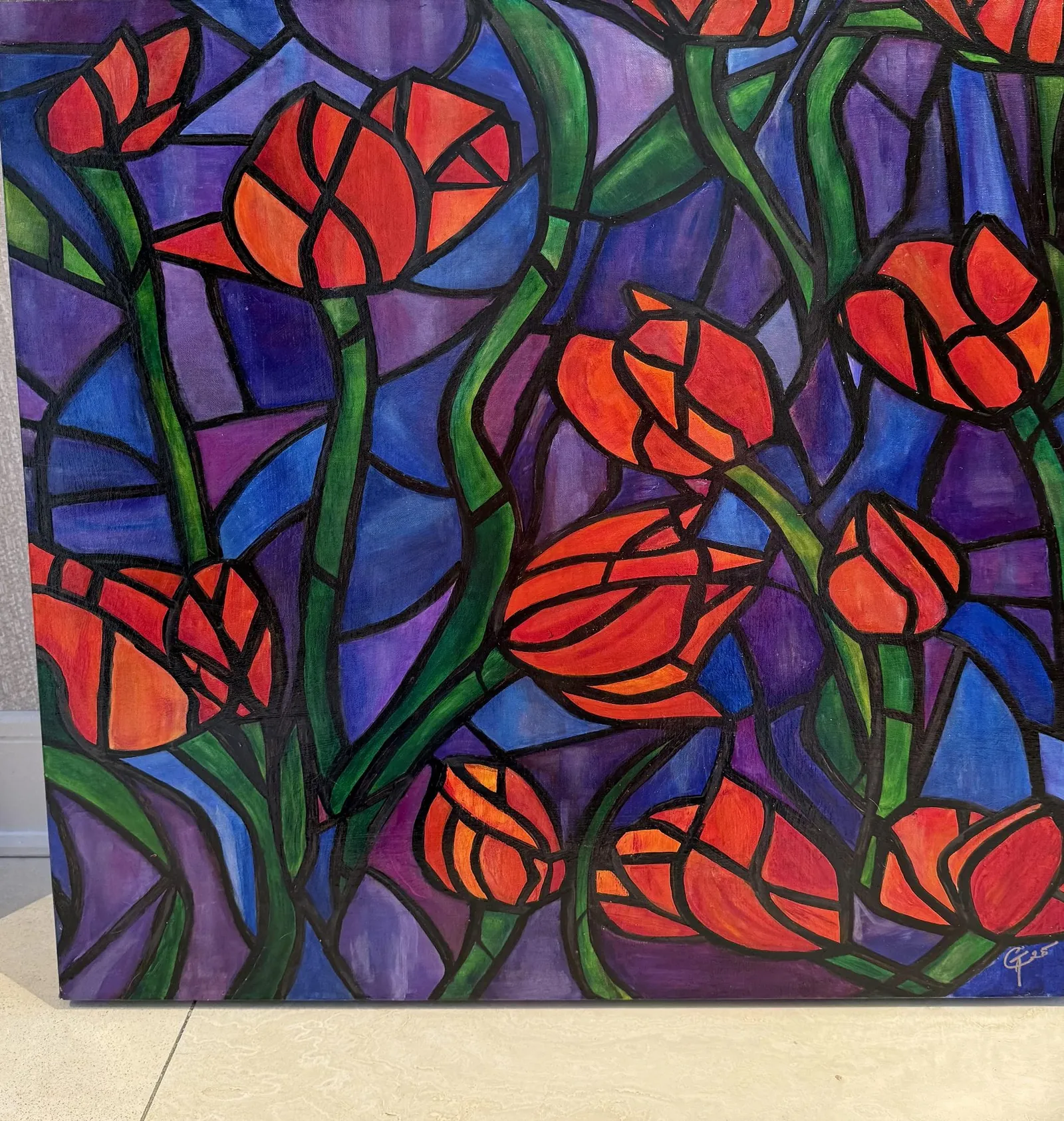 Stained Glass Tulips, an abstract painting by Annie Golden